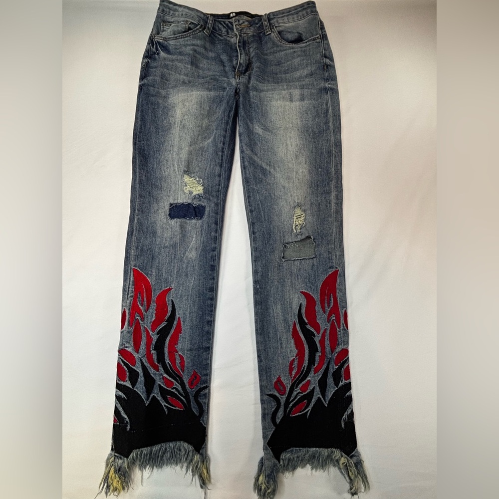 Women’s Distressed Flame Detail Jeans - Red/Black W146